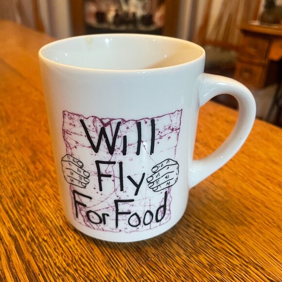 Will Fly For Food Aviation Humor Themed Coffee Cup Mug - Picture 1 of 5